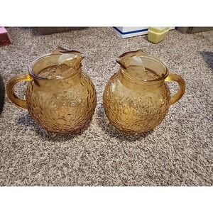 2- Vintage 1960's Anchor Hocking Glass Honey Gold‎ Lido Milano 96-ounce Pitcher
